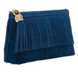 India Hicks Dougal Blue Suede Fringe Gold Hardware Zipper Clutch